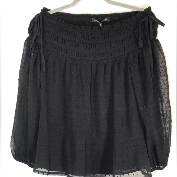 NWT English Factory Smocked Off-the-Shoulder Polka-dot Chiffon Top in Black - Picture 2 of 15